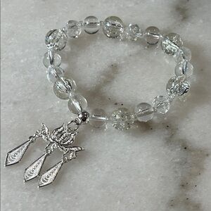 Artisan Silver Lotus and Crystal Stretch Charm Bracelet